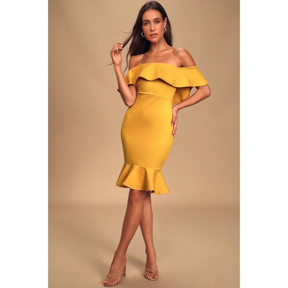 Lulus Mustard Yellow Off Shoulder Bodycon Dress - Picture 3 of 5